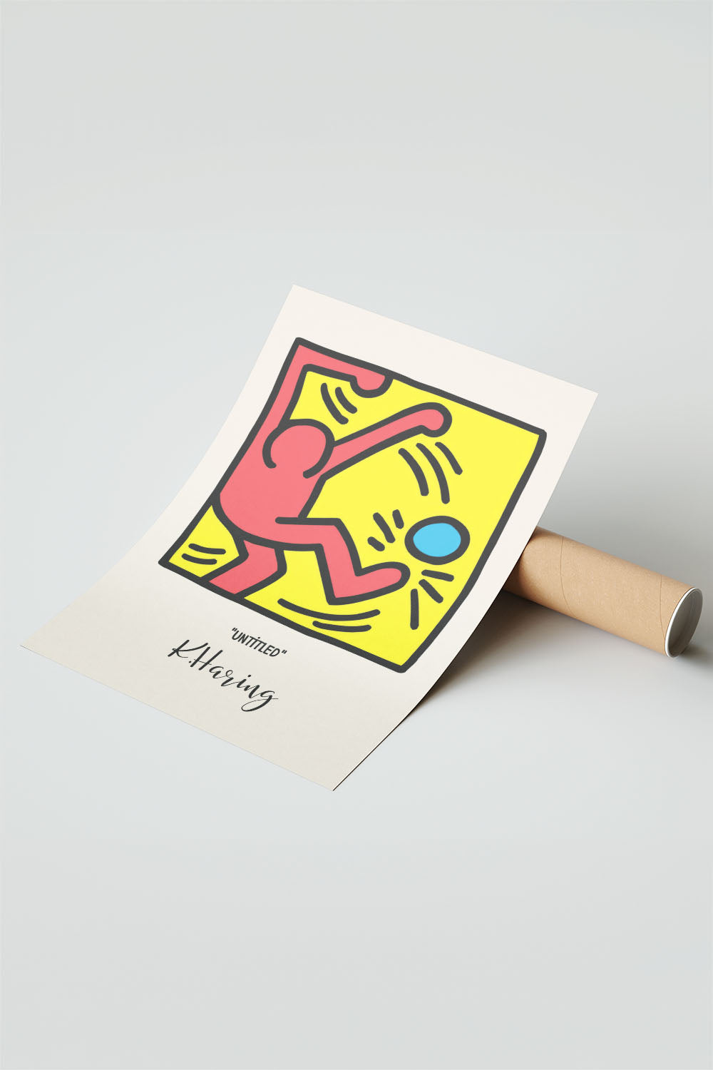 Keith Haring tarzı, kırmızı figürlü, sarı zeminli, mavi küreli modern çerçeveli poster