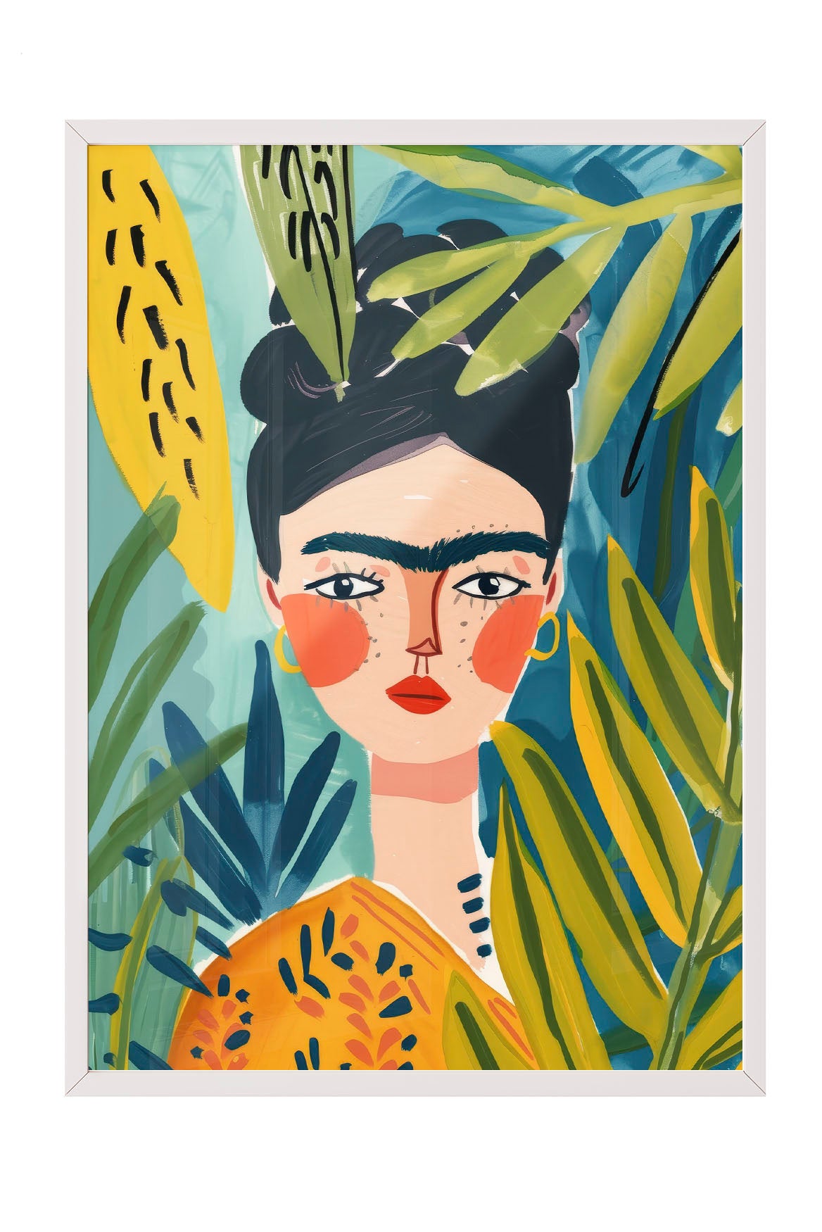 Frida Kahlo tarzı, tropikal yapraklı, renkli kadın portre çerçeveli tablo