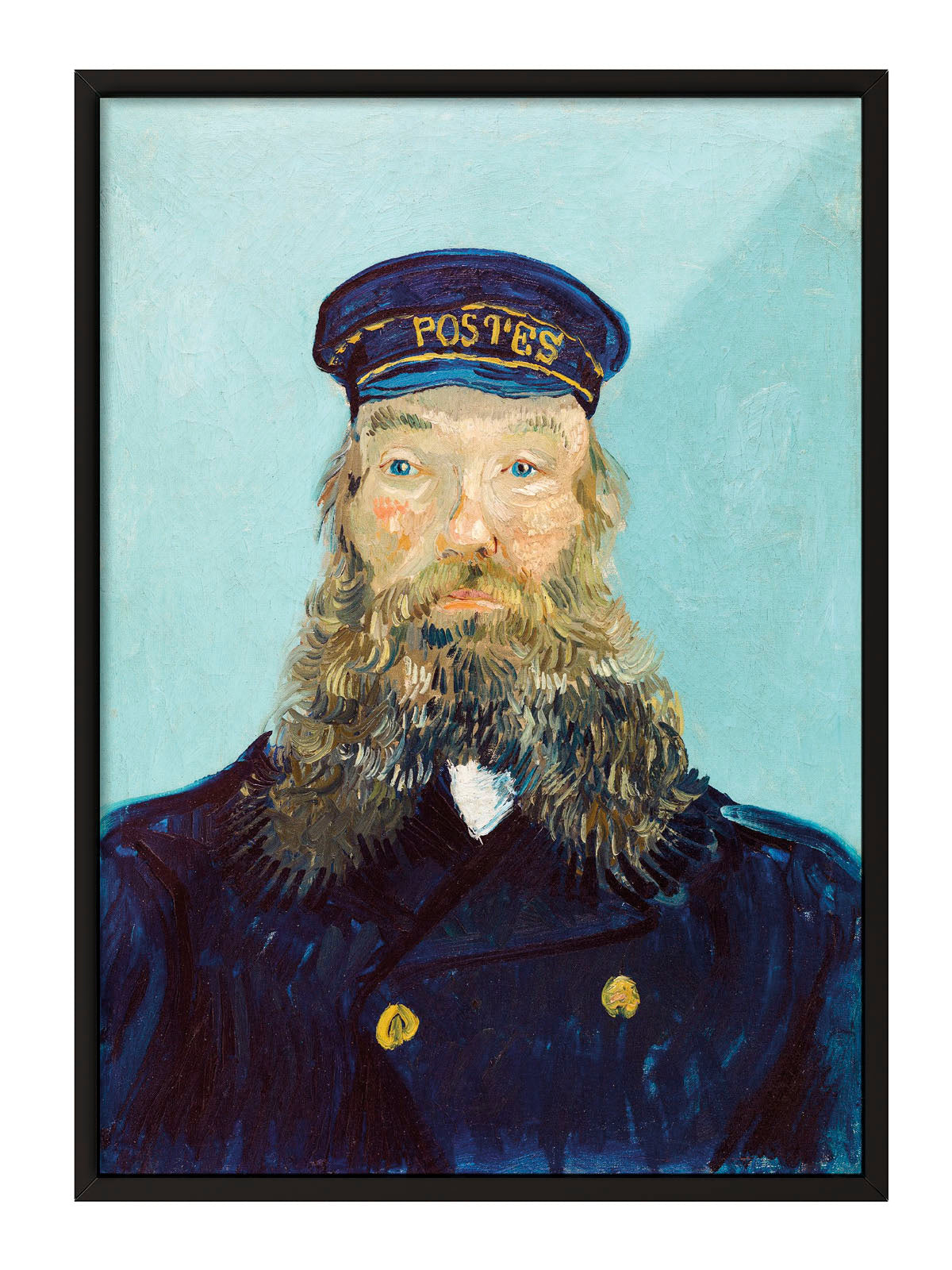 Van Gogh'un Postacı Joseph Roulin portresi, mavi fonlu, sakallı adamın üniformalı detaylı posteri.