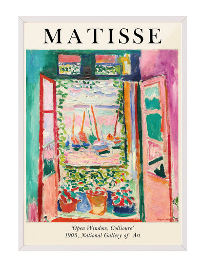 Henri Matisse'in 'Open Window, Collioure' tablosunu gösteren, canlı renkli, Fauvist tarzda pencere manzarası posteri.