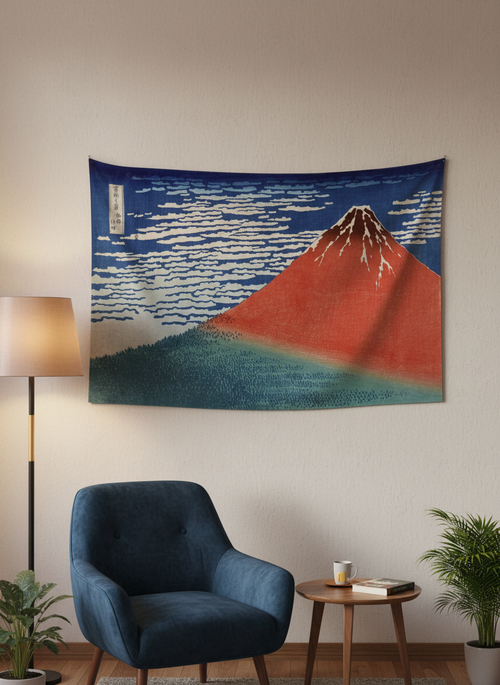 Hokusai'nin Kızıl Fuji Dağı tablosunu yansıtan, kırmızı, mavi ve yeşil tonlarında Japon sanatı duvar örtüsü.