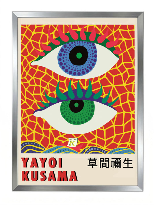 Yayoi Kusama'nın imzası olan, kırmızı zemin üzerinde mavi ve yeşil göz motifli, canlı renkli modern sanat posteri.
