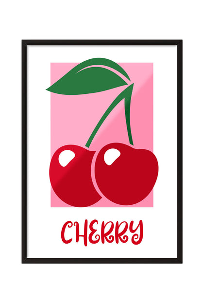 Pembe arka plan üzerinde iki kırmızı kiraz ve yeşil yaprakları olan modern çerçeveli poster