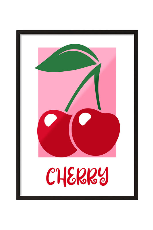 Pembe arka plan üzerinde iki kırmızı kiraz ve yeşil yaprakları olan modern çerçeveli poster