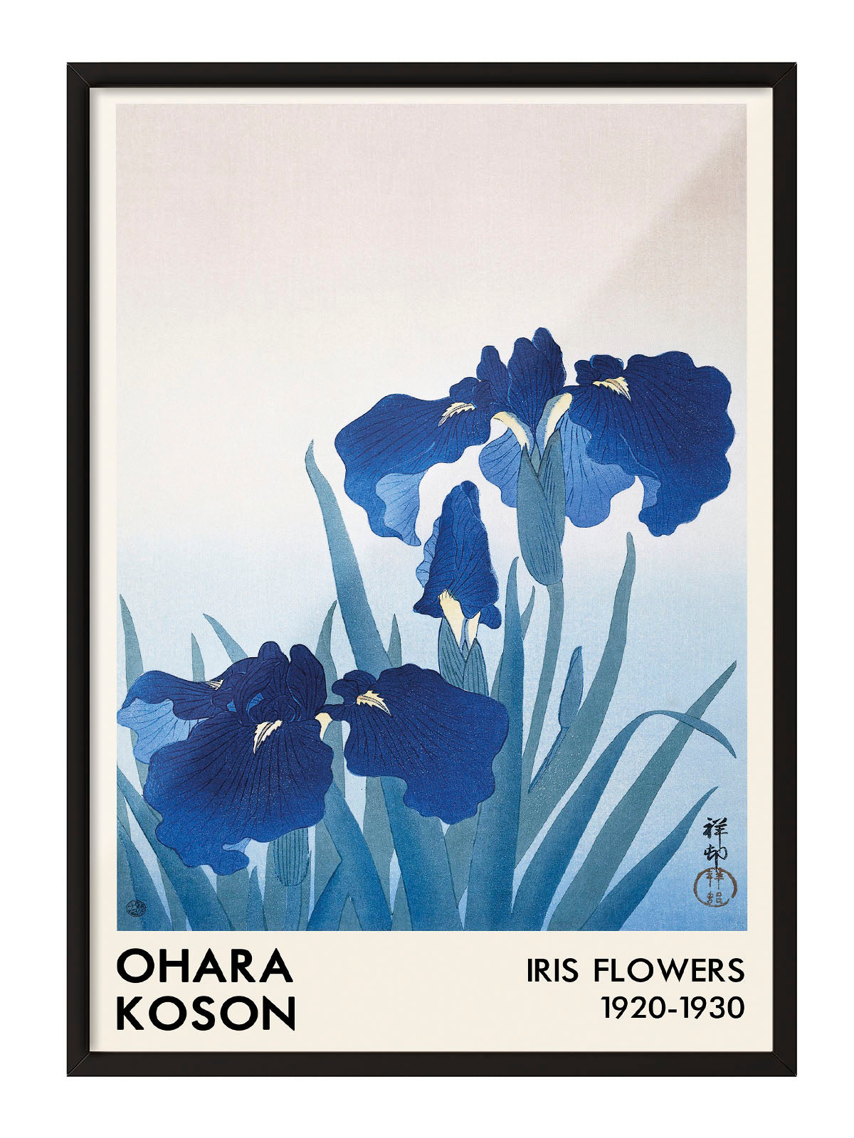 Ohara Koson'un derin mavi iris çiçeklerini tasvir eden, Japon ukiyo-e tarzı sanatsal poster.