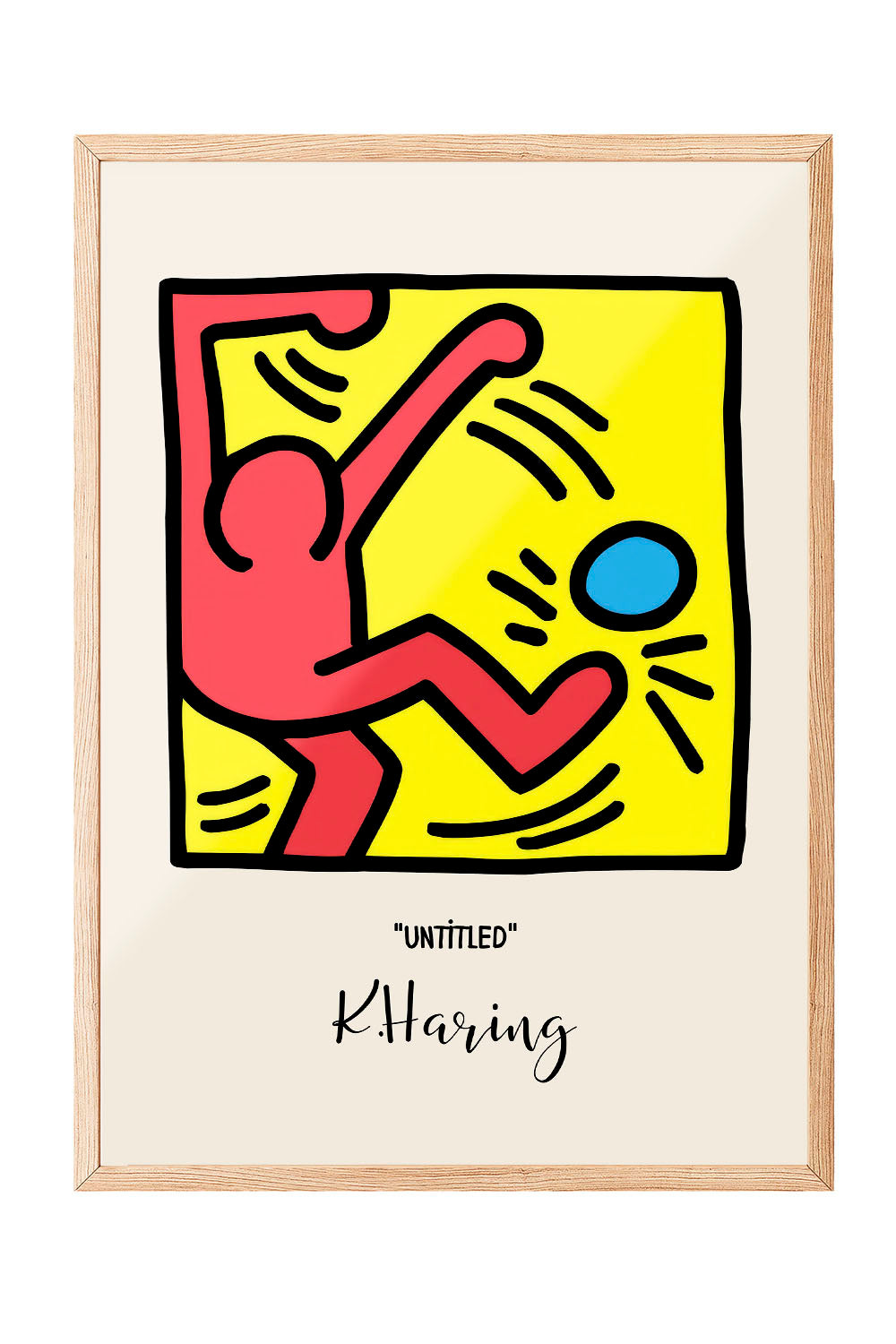 Keith Haring tarzı, kırmızı figürlü, sarı zeminli, mavi küreli modern çerçeveli poster