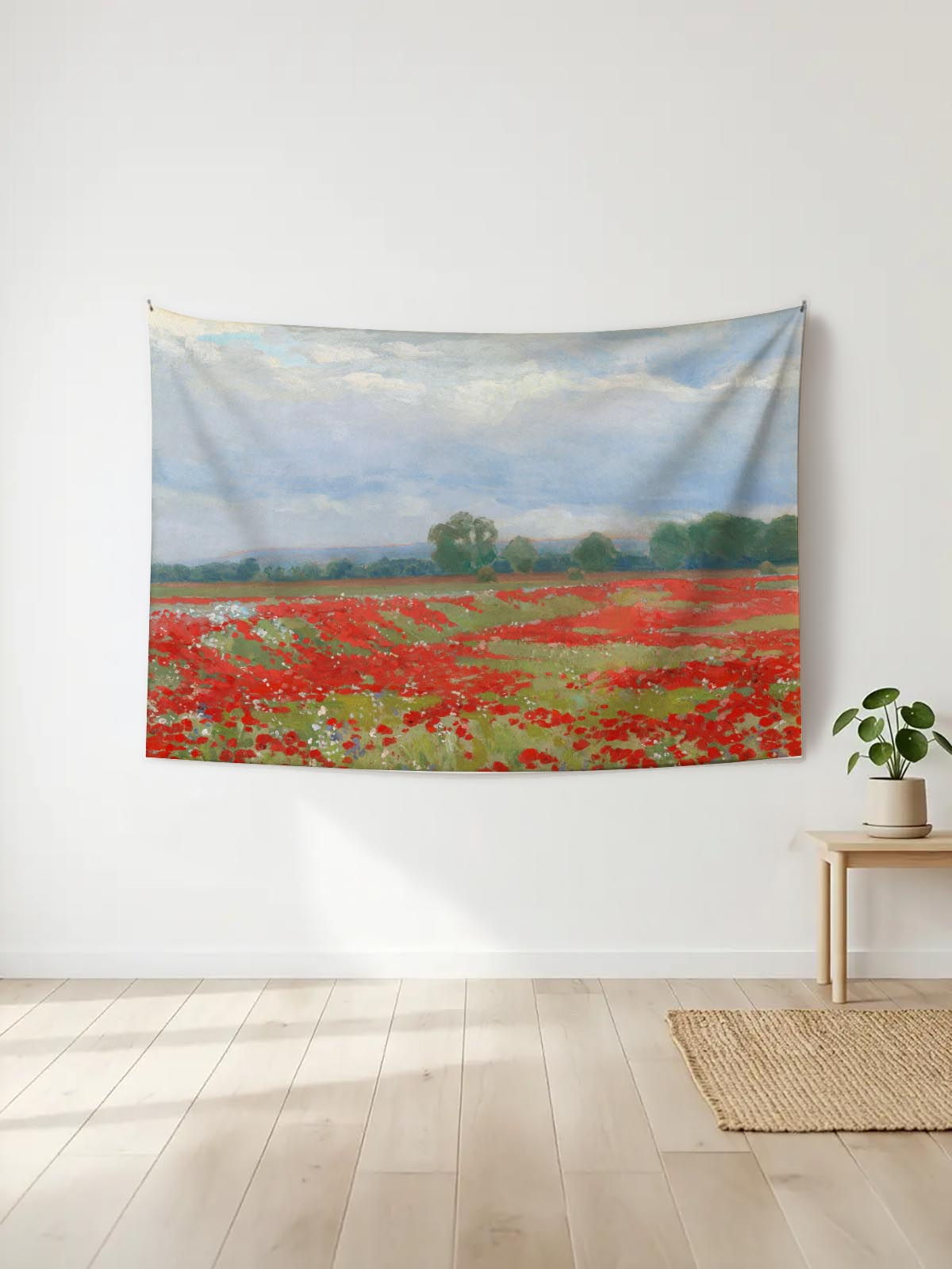Kırmızı gelincik tarlası ve bulutlu gökyüzü temalı, sanatsal manzara baskılı duvar örtüsü