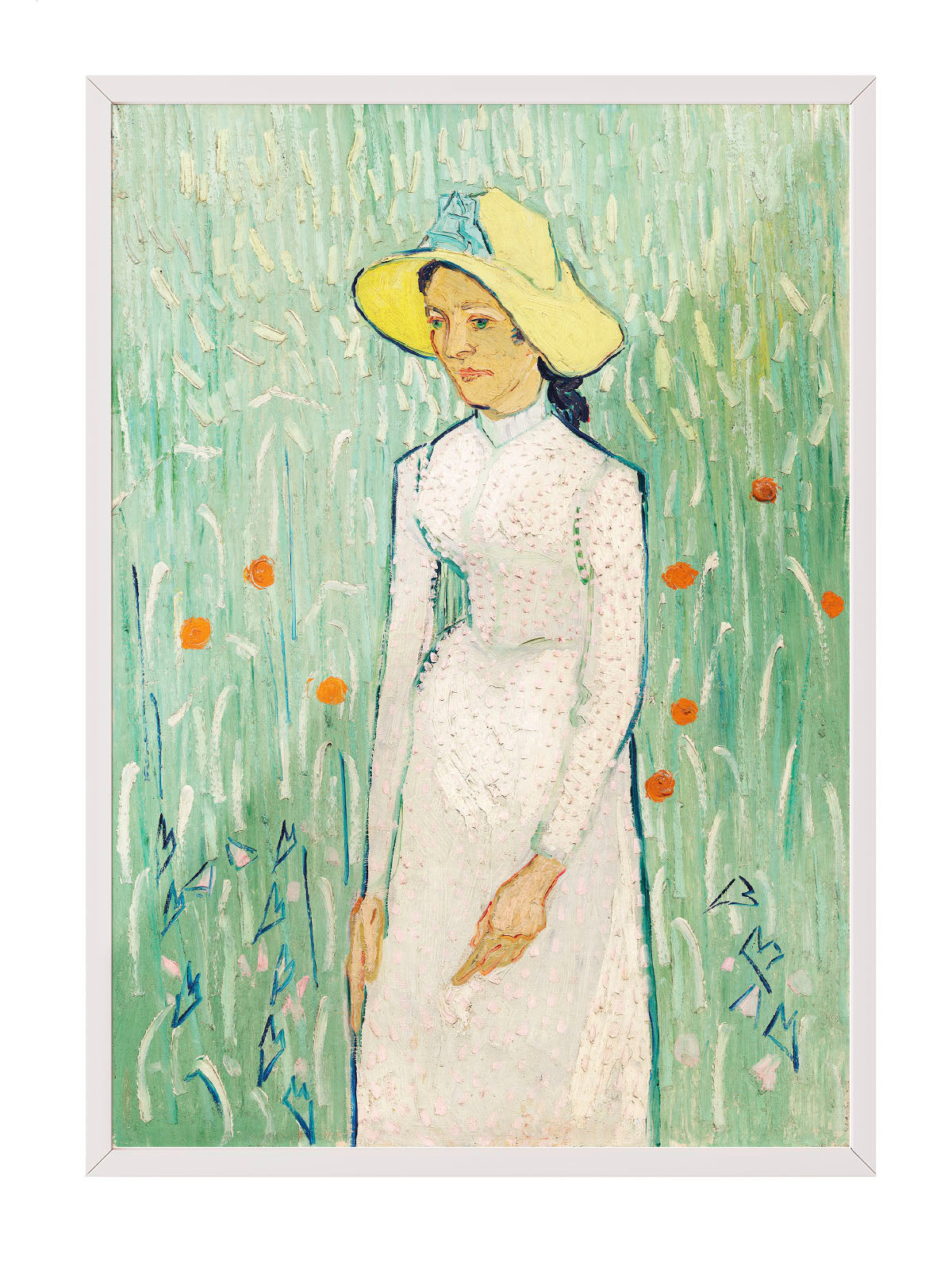 Siyah çerçeveli, Van Gogh'un Hasır Şapkalı Kadın tablosunu gösteren, yeşil ve sarı tonlarında sanatsal portre posteri.