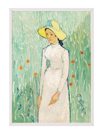 Siyah çerçeveli, Van Gogh'un Hasır Şapkalı Kadın tablosunu gösteren, yeşil ve sarı tonlarında sanatsal portre posteri.