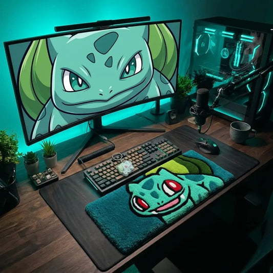 Yeşil Balbasaur karakterli klavye halısı, oyun masası aksesuarı.