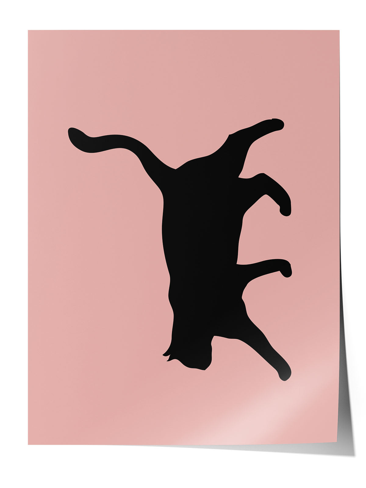 Siyah çerçeveli, pastel pembe fon üzerinde oyunbaz pozda siyah kedi silüeti minimalist poster.