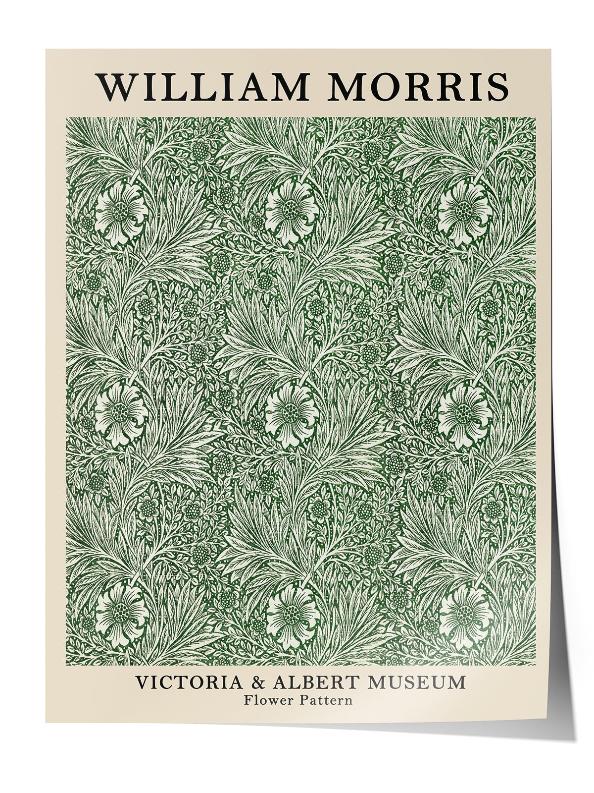 William Morris'in Victoria & Albert Müzesi'nden ilham alan, yeşil ve krem tonlarında detaylı çiçek desenli vintage poster.