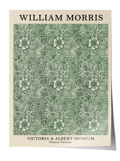 William Morris'in Victoria & Albert Müzesi'nden ilham alan, yeşil ve krem tonlarında detaylı çiçek desenli vintage poster.