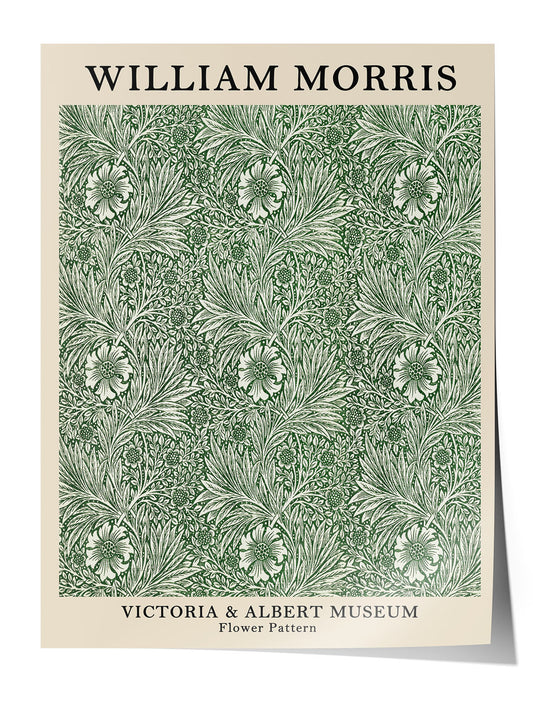 William Morris'in Victoria & Albert Müzesi'nden ilham alan, yeşil ve krem tonlarında detaylı çiçek desenli vintage poster.