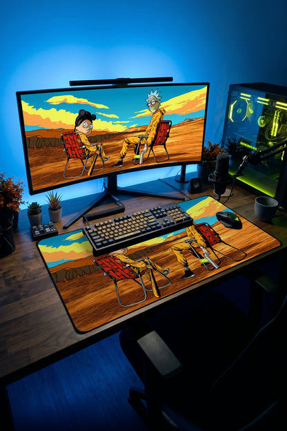 Rick and Morty temalı büyük boy desenli oyuncu mousepadi ve masaüstü kurulumu.