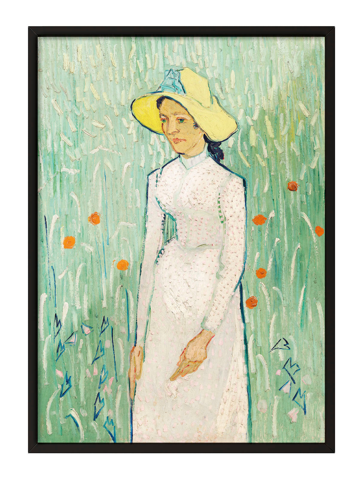 Siyah çerçeveli, Van Gogh'un Hasır Şapkalı Kadın tablosunu gösteren, yeşil ve sarı tonlarında sanatsal portre posteri.