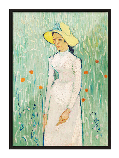 Siyah çerçeveli, Van Gogh'un Hasır Şapkalı Kadın tablosunu gösteren, yeşil ve sarı tonlarında sanatsal portre posteri.