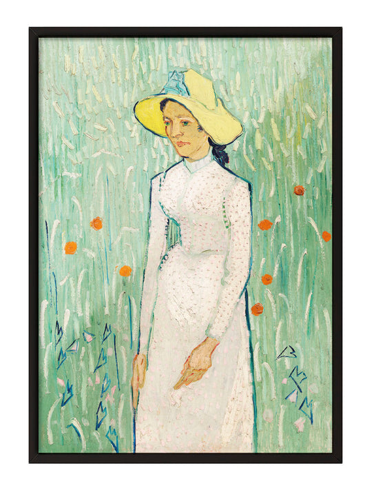 Siyah çerçeveli, Van Gogh'un Hasır Şapkalı Kadın tablosunu gösteren, yeşil ve sarı tonlarında sanatsal portre posteri.