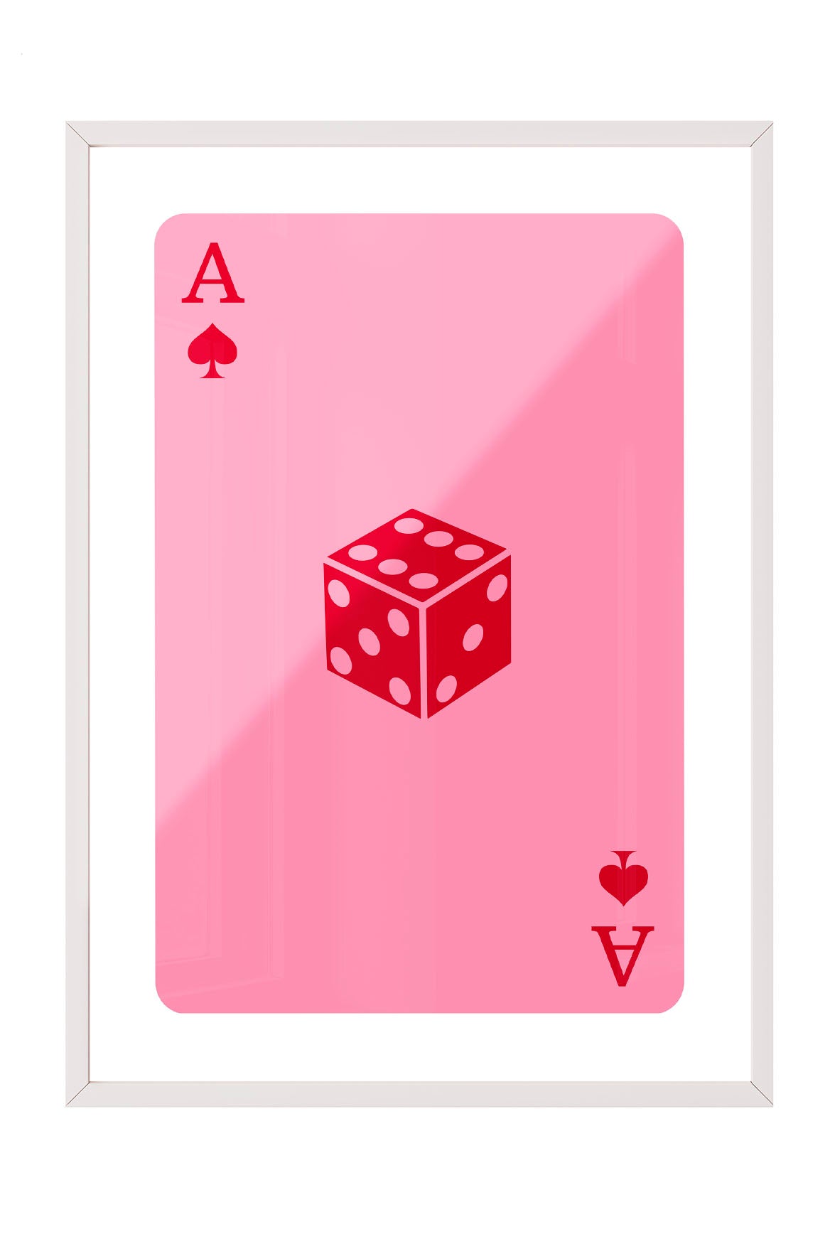 Pembe zemin üzerinde maça ası iskambil kartı ve kırmızı zar figürü içeren modern çerçeveli poster