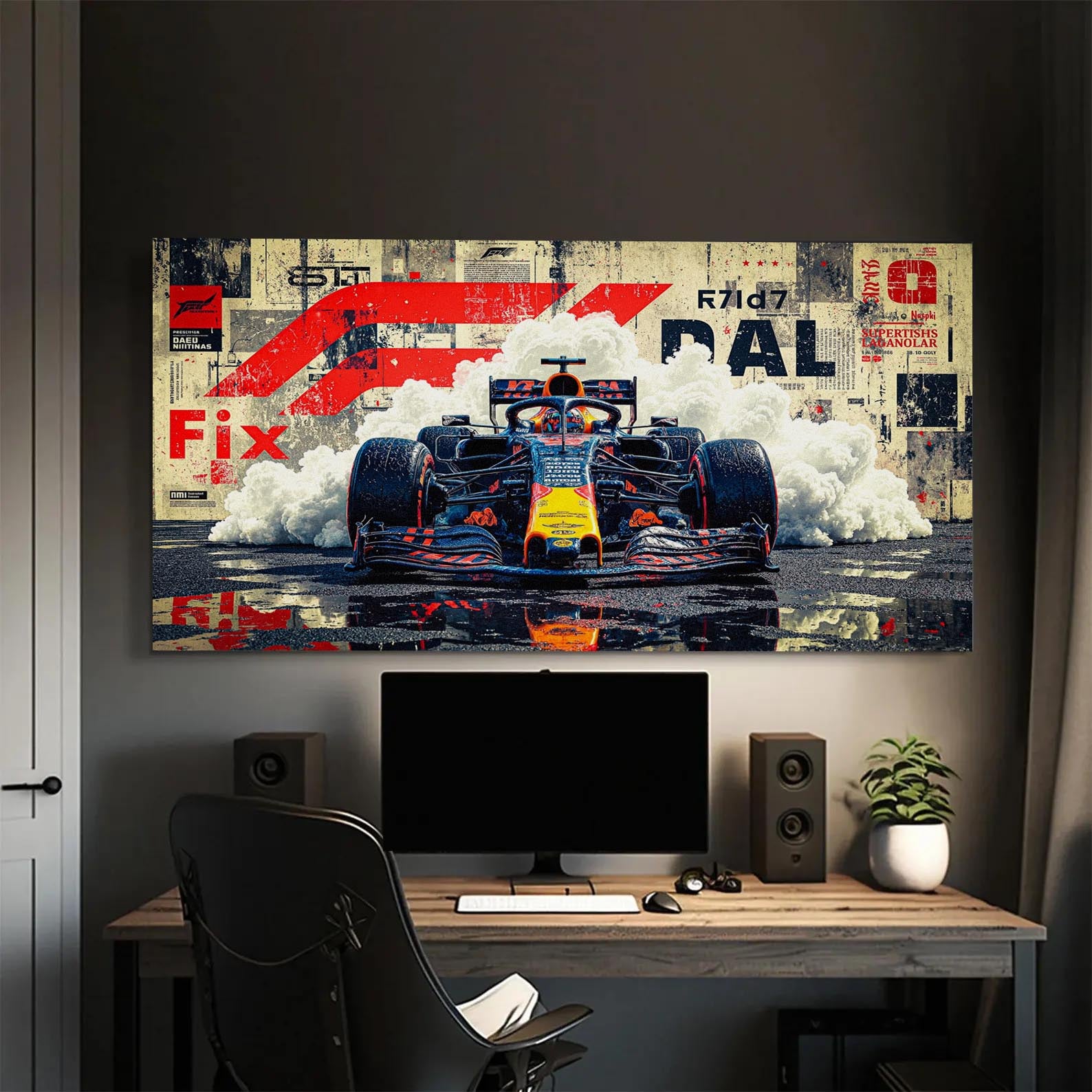 Dinamik F1 yarış arabası, dumanlar içinde, kırmızı ve bej grunge arka planlı modern kanvas tablo.