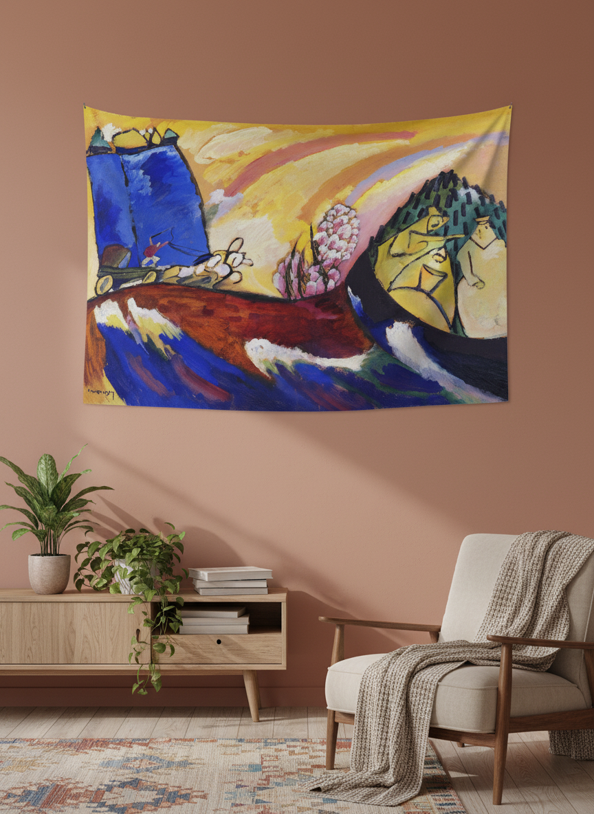 Canlı renklerde soyut dışavurumcu sanat eseri temalı duvar örtüsü, modern bir odada asılı.