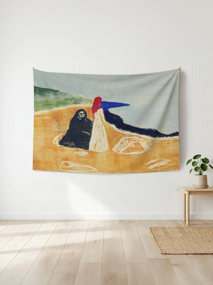 Edvard Munch tarzı, soyut figürlerin sahilde buluştuğu, sarı, mavi ve siyah tonlarında sanatsal duvar örtüsü.