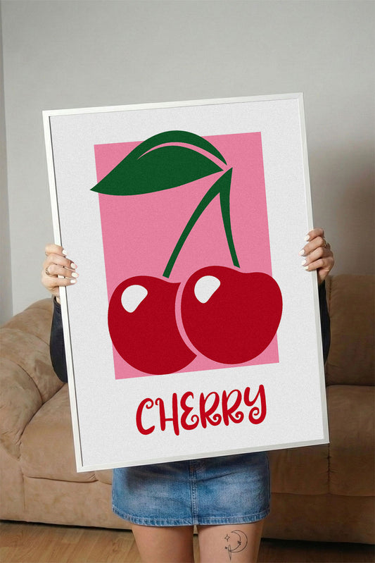 Pembe arka plan üzerinde iki kırmızı kiraz ve yeşil yaprakları olan modern çerçeveli poster