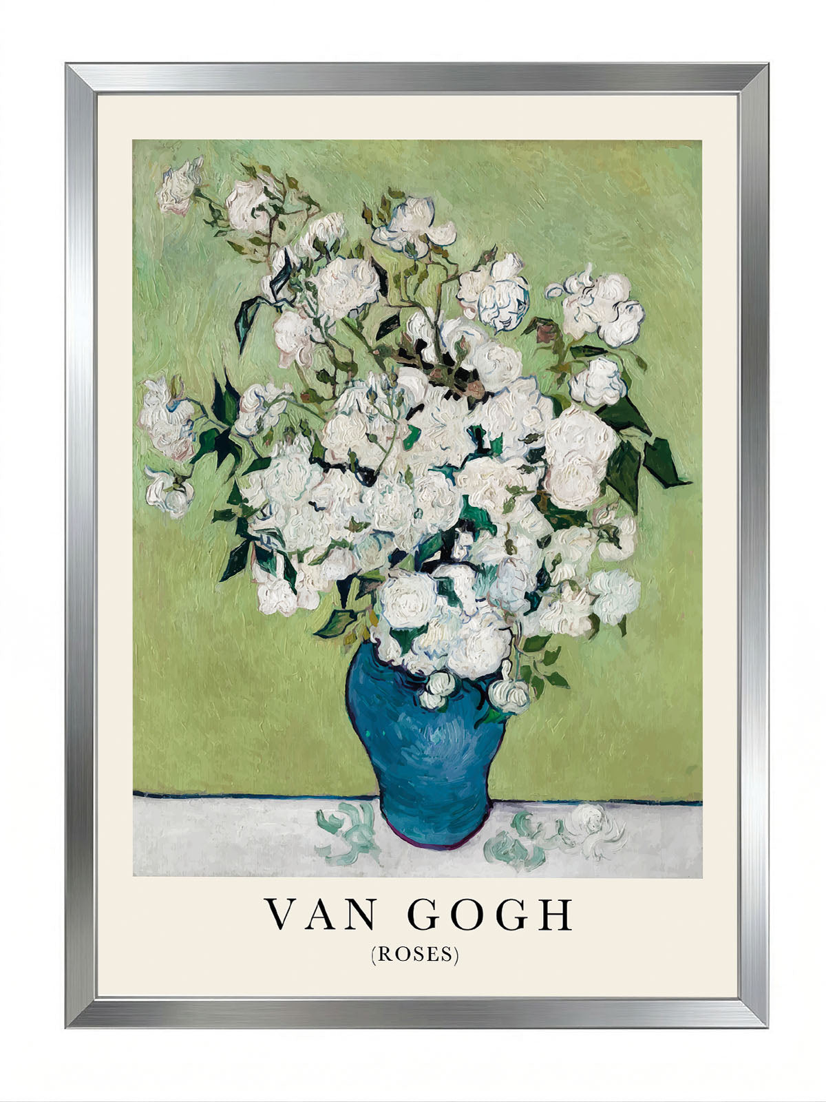 Van Gogh'un beyaz güller ve yeşil arka planlı, mavi vazoda çiçek tablosu posteri