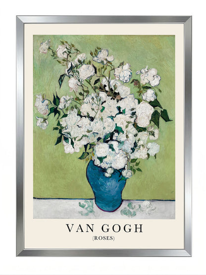 Van Gogh'un beyaz güller ve yeşil arka planlı, mavi vazoda çiçek tablosu posteri