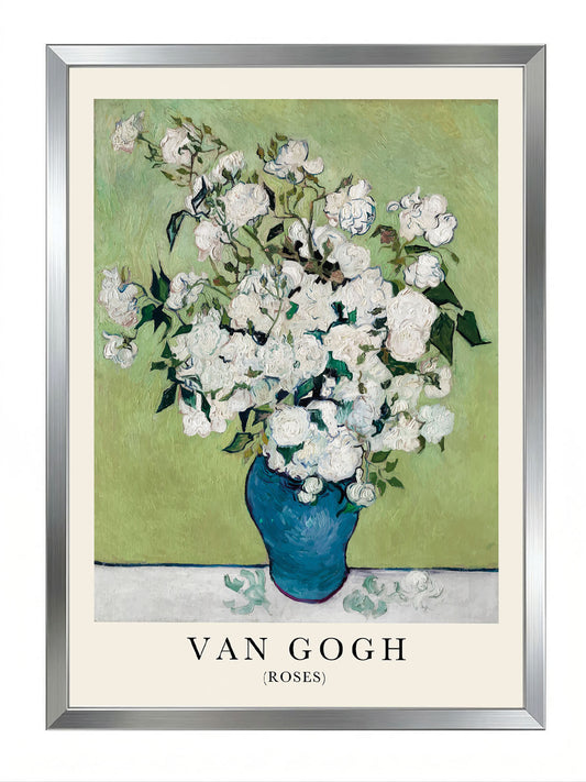 Van Gogh'un beyaz güller ve yeşil arka planlı, mavi vazoda çiçek tablosu posteri