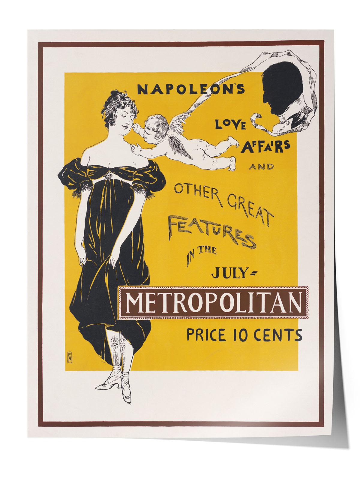 Sarı zeminli, siyah elbiseli kadın ve Cupid figürlü vintage Metropolitan dergisi afişi