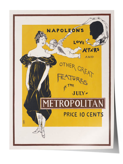 Sarı zeminli, siyah elbiseli kadın ve Cupid figürlü vintage Metropolitan dergisi afişi