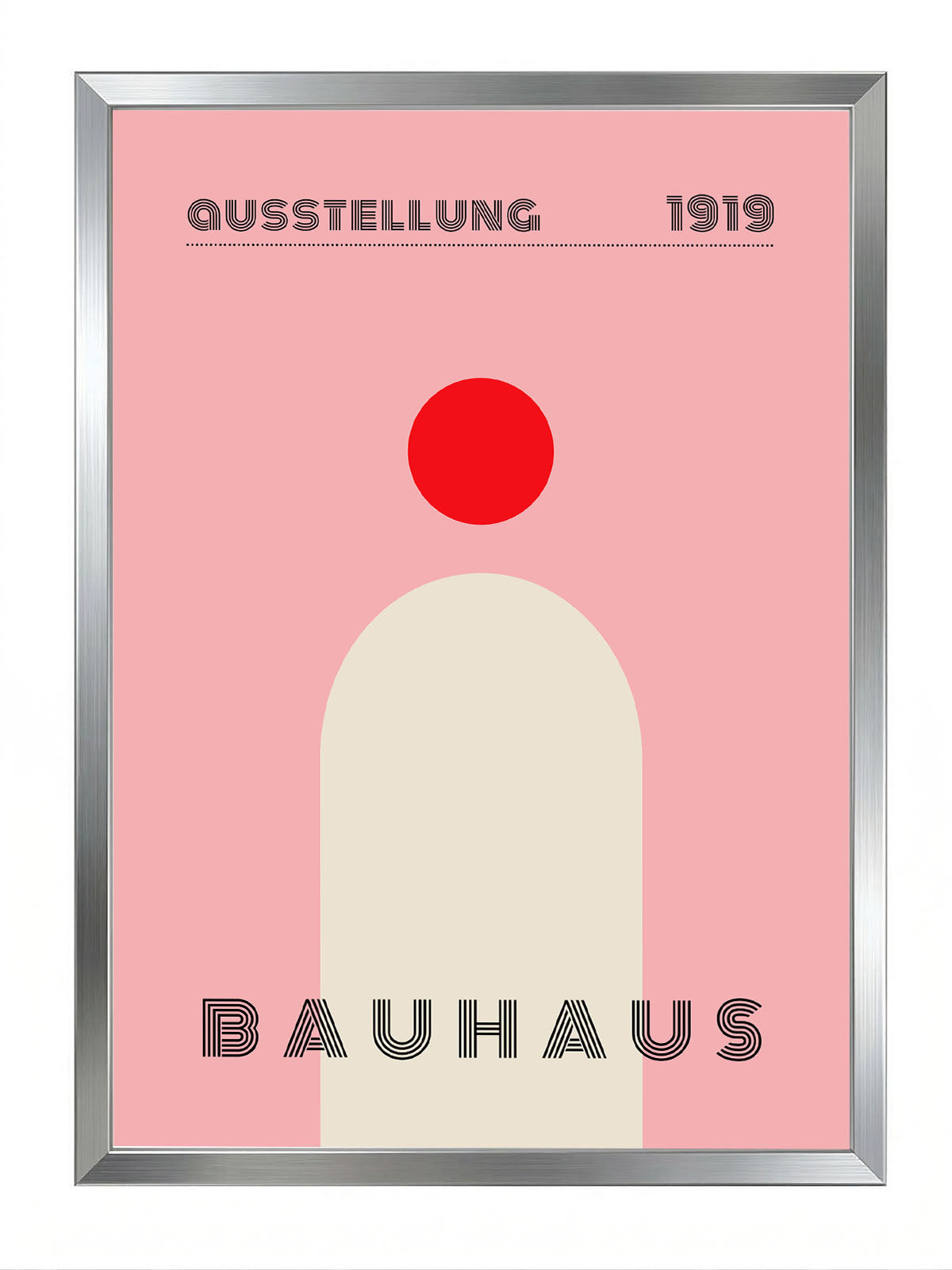 Pembe fon üzerinde kırmızı daire ve krem rengi kemer figürlü, 'Bauhaus 1919' yazılı minimalist poster.