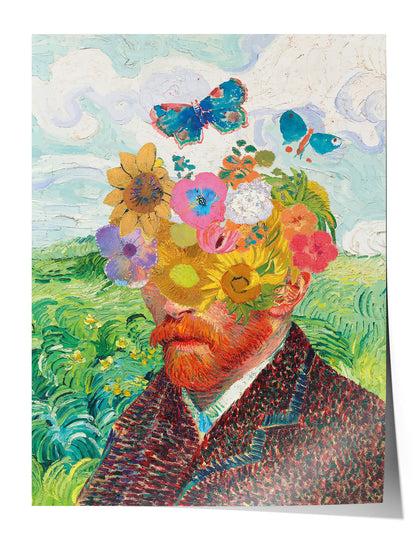 Van Gogh'un çiçek ve kelebeklerle süslenmiş, impressionist tarzda, canlı renkli portre posteri.