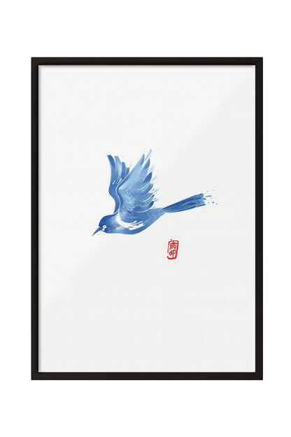 Mavi suluboya tarzı uçan kuş desenli, minimalist siyah çerçeveli modern tablo