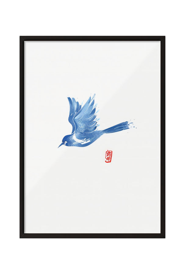 Mavi suluboya tarzı uçan kuş desenli, minimalist siyah çerçeveli modern tablo