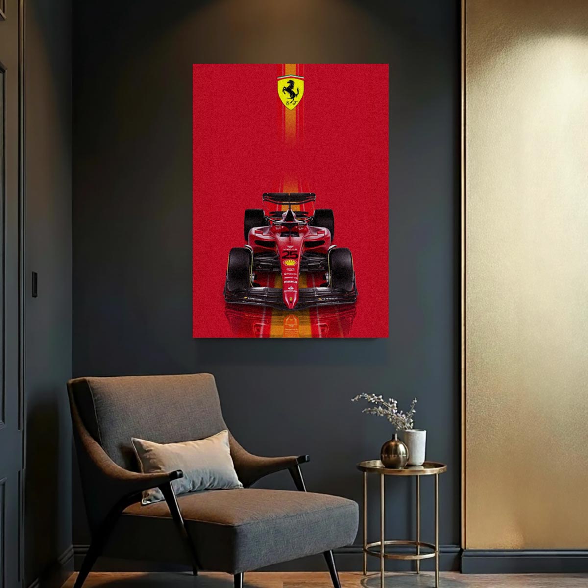 Kırmızı dokulu zemin üzerinde önden görünüm Ferrari F1 yarış arabası ve üstte Ferrari logosu bulunan modern kanvas tablo.