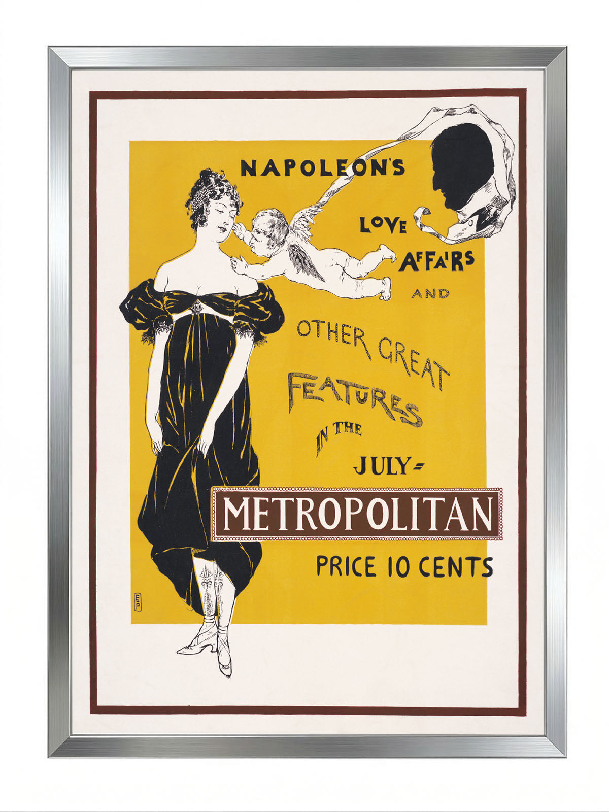 Sarı zeminli, siyah elbiseli kadın ve Cupid figürlü vintage Metropolitan dergisi afişi