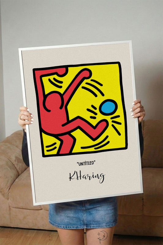 Keith Haring tarzı, kırmızı figürlü, sarı zeminli, mavi küreli modern çerçeveli poster