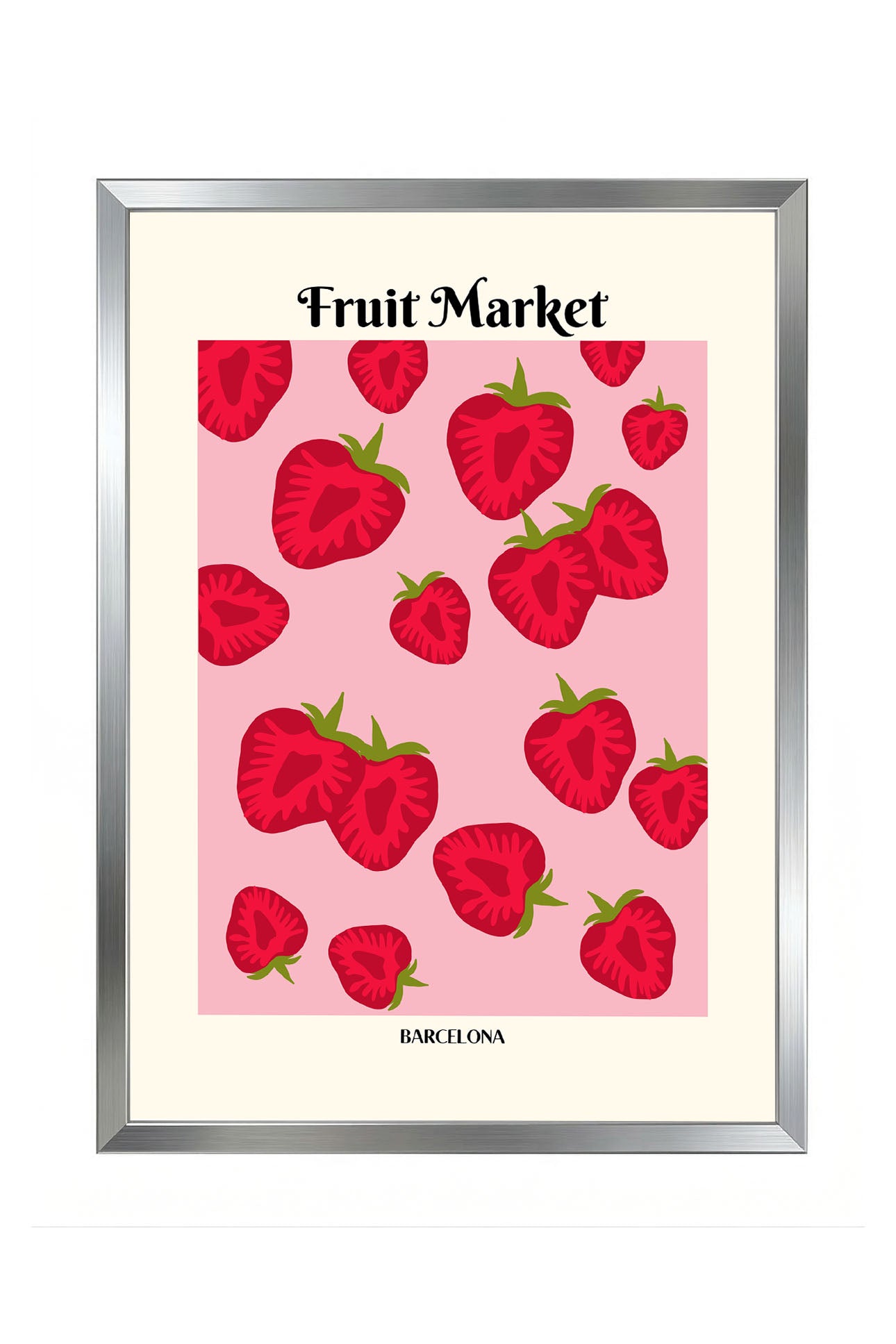 Çerçeveli pembe zeminli, kırmızı çilek desenli 'Fruit Market Barcelona' posteri