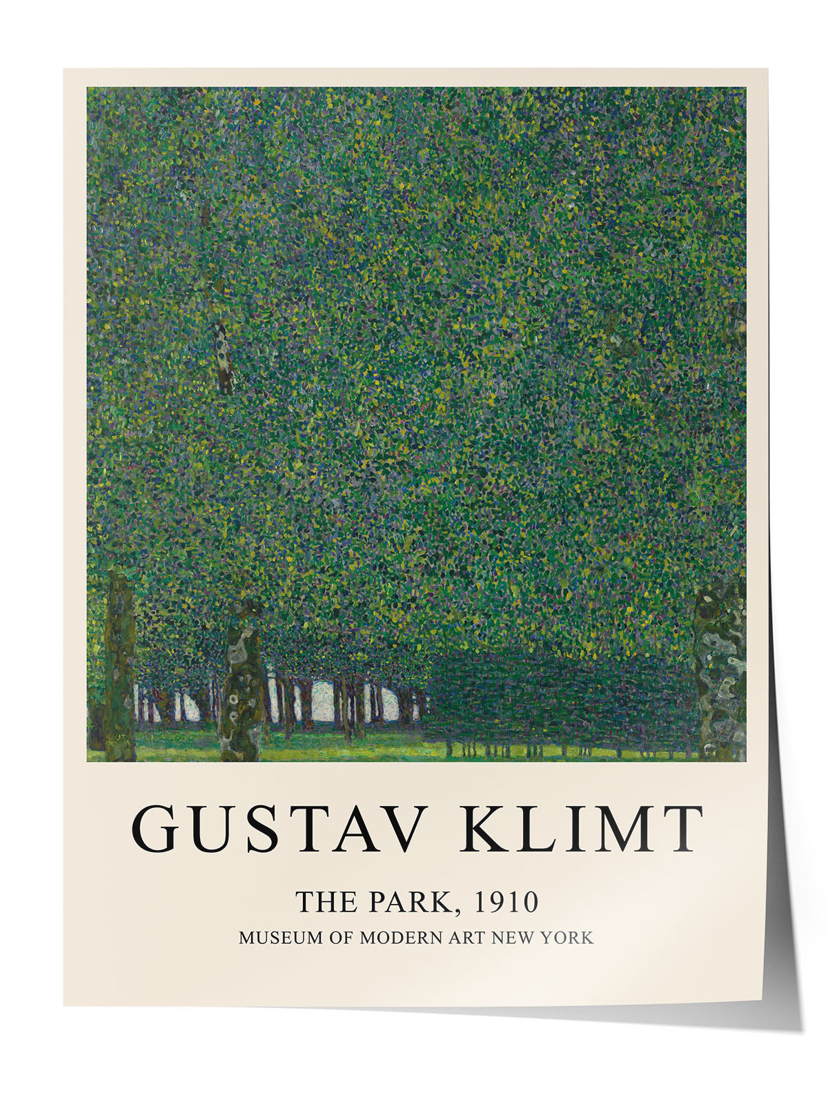 Gustav Klimt'in 'The Park, 1910' tablosunu gösteren, yeşil tonlarında, ağaç motifli modern çerçeveli poster.
