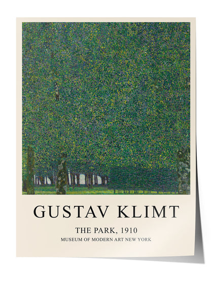 Gustav Klimt'in 'The Park, 1910' tablosunu gösteren, yeşil tonlarında, ağaç motifli modern çerçeveli poster.