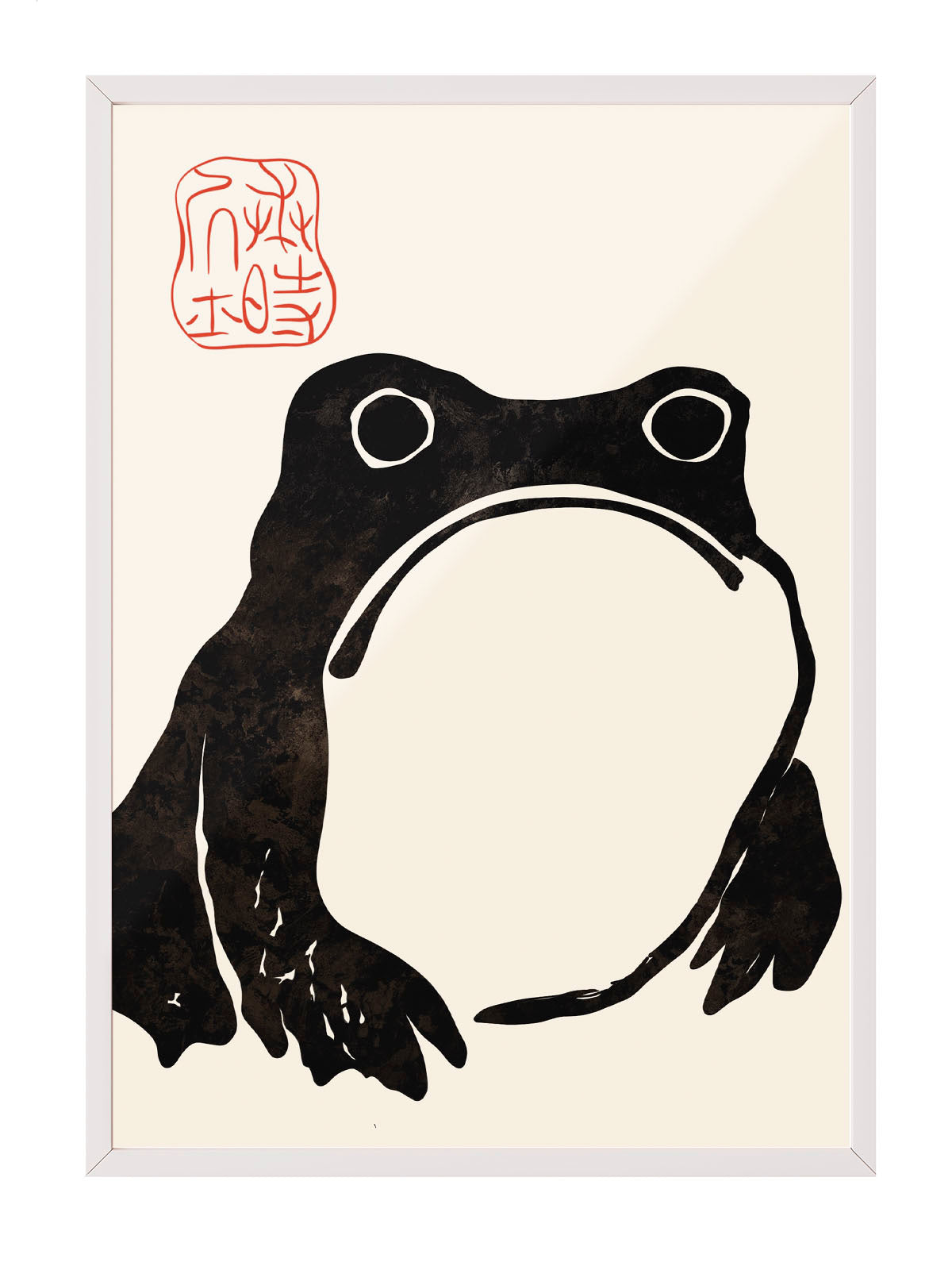 Krem rengi arka planda, dokulu siyah minimalist Japon kurbağa silüeti ve kırmızı mühürlü duvar posteri.