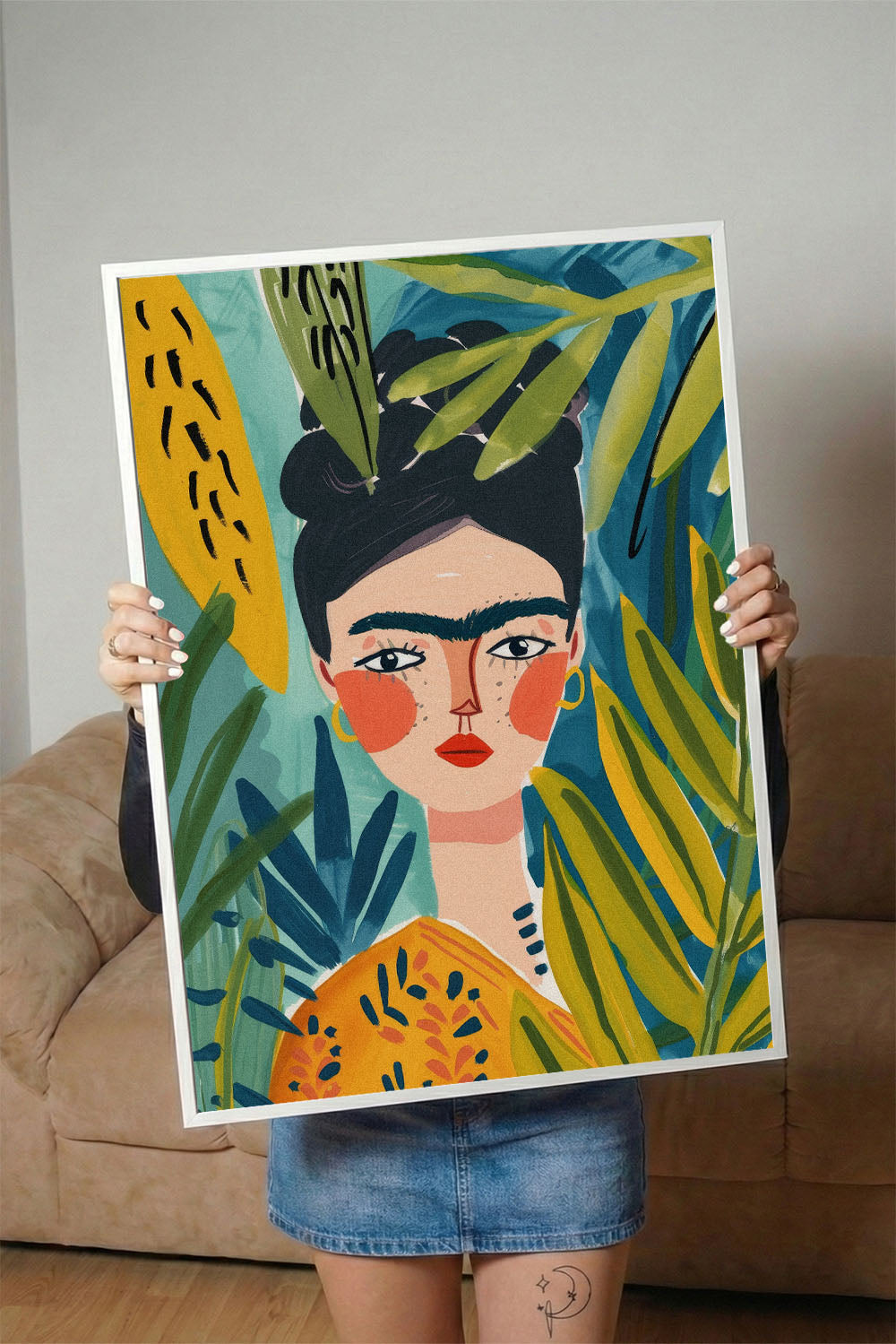 Frida Kahlo tarzı, tropikal yapraklı, renkli kadın portre çerçeveli tablo