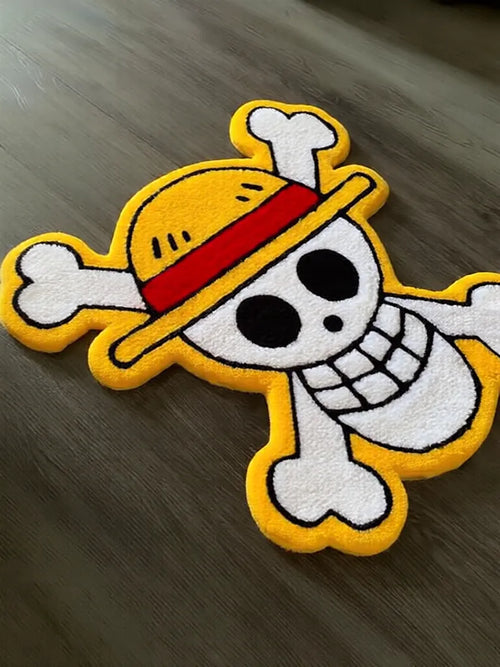Luffy Hasır Şapka Korsan Kuru Kafa Halısı, sarı beyaz kırmızı One Piece temalı kilim.
