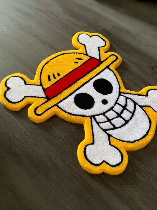 Luffy Hasır Şapka Korsan Kuru Kafa Halısı, sarı beyaz kırmızı One Piece temalı kilim.