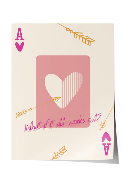 Pembe kalp ve altın ok desenli, 'What if it all works out?' yazılı modern çerçeveli poster