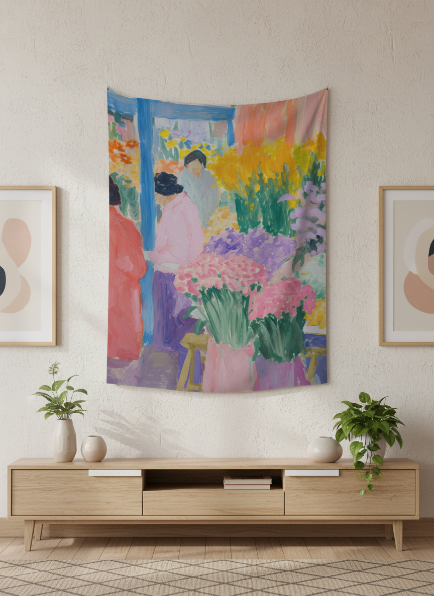 Canlı renklerde izlenimci çiçek pazarı temalı duvar örtüsü, pembe, mor, sarı çiçekler ve insan figürleri.