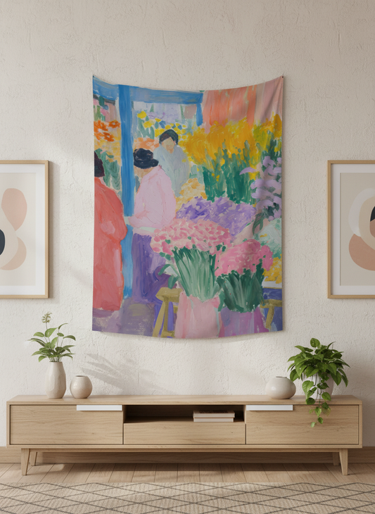 Canlı renklerde izlenimci çiçek pazarı temalı duvar örtüsü, pembe, mor, sarı çiçekler ve insan figürleri.