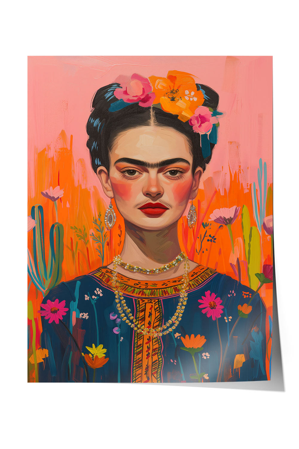 Modern Frida Kahlo portresi, renkli çiçekler ve turuncu pembe arka plan ile siyah çerçeveli tablo